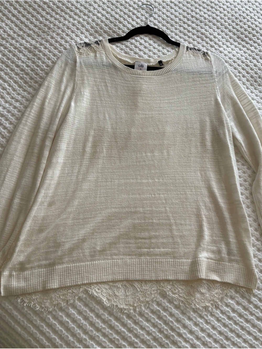 CABI Sophia White /Cream Lace-Trim Lightweight Sweater